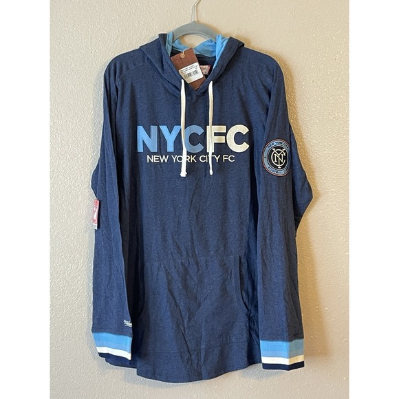 Men's 2XL NWT New York City FC Mitchell & Ness Long Sleeve Hooded Shirt Navy